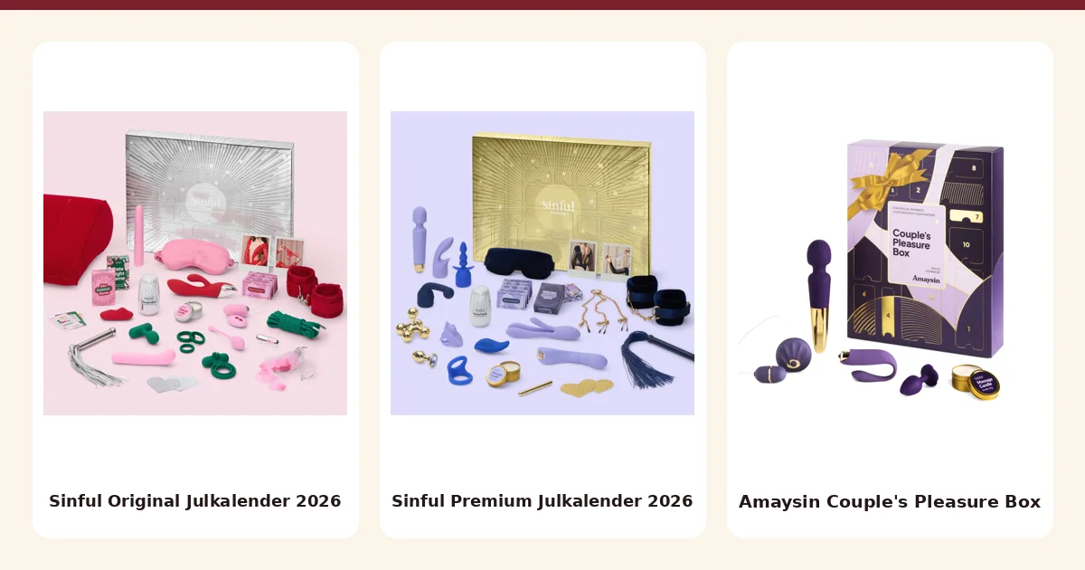 Tre sexjulkalendrar och adventsboxar från rankningen sida vid sida: Sinful Original Julkalender 2026, Sinful Premium Julkalender 2026 och Amaysin Couple's Pleasure Box